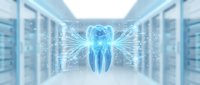 Futuristic AI angel hologram with glowing wings floating in modern data center server room with blue light effects and digital particles for technology concepts.