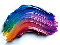 Vibrant multicolored brush stroke with dynamic flowing texture featuring blue, purple, orange and yellow hues on white background, isolated for creative design projects.