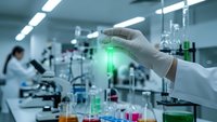 Scientist in protective gloves holding glowing green test tube in modern laboratory with advanced equipment and colorful chemical solutions for research.