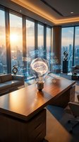 Glowing light bulb with brain hologram and financial charts floating above wooden desk in modern high-rise office with city skyline view at sunset, representing innovation and business intelligence.