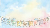 Pastel watercolor bunting with clouds, stars, and hearts strung across soft blue and pink sky background, suitable for nursery decor, baby shower invitations, and greeting card designs.