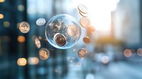 Floating soap bubbles with cryptocurrency coins inside against blurred urban cityscape background with bokeh lights and sunset glow.