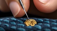 Close-up of embroidery process showing fingers holding needle working on golden flower detail against blue textured fabric background. Useful for crafting tutorials.
