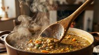 Wooden spoon stirring hot corn kernels and vegetables in steaming pot, cooking dinner or preparing meal ingredients for soups and stews.