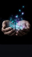 Hands holding glowing neon geometric shapes and luminous butterflies against dark background. Concept for innovation, technology, creativity, and digital transformation in business presentations.