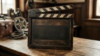 Vintage film clapperboard with worn black and white stripes sits on wooden table in studio setting with film reels and equipment in soft background.