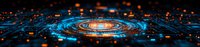 Futuristic circular technology pattern with glowing blue and orange lights on dark background, digital network connections radiating from center point.