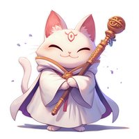 Magical white cat character in flowing robe holding wooden staff with mystical symbol on forehead, smiling with closed eyes amid floating petals. Fantasy art style.