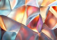 Abstract geometric background with metallic triangular shapes in soft pink, orange, and blue tones creating dynamic light reflections and modern artistic composition.
