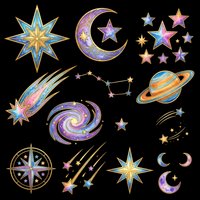 Celestial clipart set with stars, moon, planet, comet, galaxy, and compass on transparent background. Ready for stickers, t-shirt design, and print on demand.