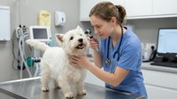 Female veterinarian in blue scrubs examining white small dog on examination table in modern veterinary clinic with medical equipment and computers.
