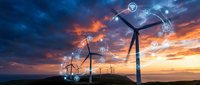 Wind turbines with digital network connections at sunset showcasing renewable energy technology and smart grid infrastructure for sustainable power generation.