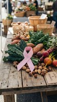 Pink ribbon with fresh organic vegetables and nuts on wooden table at farmers market promoting breast cancer awareness and healthy eating lifestyle.