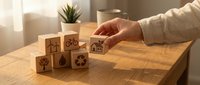 Hand arranging wooden blocks with environmental sustainability icons on desk for eco-friendly business planning and green corporate strategy development.
