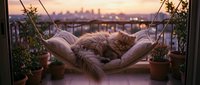 Fluffy Persian cat sleeping peacefully in a hammock on a cozy balcony with potted plants and a glowing city skyline at sunset.
