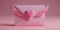 Pink envelope with heart and wings on monochromatic background, symbolizing love message or romantic correspondence.