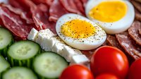 Fresh breakfast plate with sliced boiled eggs seasoned with black pepper, crispy bacon strips, feta cheese, cucumber slices and cherry tomatoes on white background.