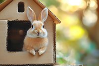 Adorable dwarf rabbit with white and tan fur peeks out from cardboard house window against soft bokeh background, creating heartwarming pet photography scene.
