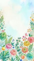 Watercolor floral border with colorful flowers, tropical leaves, birds, and berries on a soft pastel background, perfect for cards and invitations.