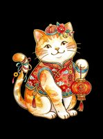 Lucky cat wearing traditional red and gold ornamental clothing with decorative lantern and tassel accessories, isolated on transparent background. Ready for t-shirts, stickers, clipart, sublimation and print-on-demand designs.