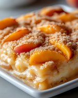 Baked custard cake topped with cinnamon sugar and fresh apricot slices, served on white plate for dessert, bakery, and food photography.