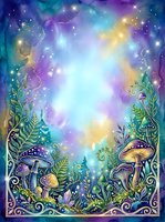 Enchanted forest scene with whimsical mushrooms, magical plants, and glowing celestial lights creating a mystical woodland atmosphere for fantasy and nature-inspired designs.