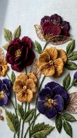 Colorful hand embroidered flowers with leaves on white fabric showcasing traditional needlework craftsmanship for textile and fashion design projects.