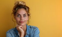 Young Caucasian woman with blue eyes and messy updo hairstyle wearing denim shirt smiles thoughtfully against yellow wall background, hand resting on chin in contemplative pose.