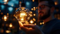 Glowing light bulb floating above male hand with blurred bokeh background creating magical atmosphere in dark evening setting.