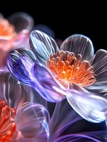 Glowing translucent flowers in orange and purple hues against dark background, with ethereal petals creating luminous abstract botanical art effect.