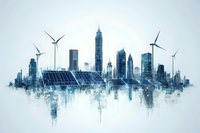 Futuristic city skyline with renewable energy sources including wind turbines and solar panels, reflecting sustainable urban development.