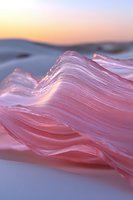 Pink translucent waves of silk fabric create flowing abstract curves against soft sunset sky background, capturing ethereal light and delicate movement in nature.