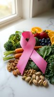 Pink ribbon with fresh healthy foods including broccoli, berries, nuts and vegetables on marble counter promoting cancer awareness and nutrition.