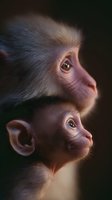 Tender moment between monkey mother and baby with expressive eyes showing maternal bond and family connection in soft natural lighting.