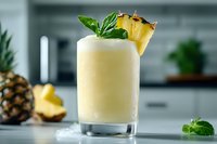 Creamy pineapple smoothie garnished with fresh mint leaves and pineapple slice on gray table. Tropical frozen cocktail with crushed ice in tall glass.