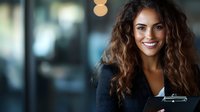 Young mixed-race businesswoman with curly hair smiling confidently in modern office environment. Professional corporate portrait for business marketing materials.