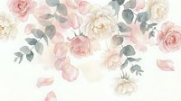 Watercolor floral arrangement with soft pink roses and eucalyptus leaves on light background for wedding invitations and romantic design projects.