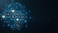Digital healthcare network with medical icons connected by glowing blue lines on dark background for technology and telemedicine applications.