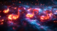 Glowing musical notes float in cosmic space with vibrant red and blue nebula background, creating magical atmosphere for music-themed designs and backgrounds.