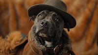 Gray pit bull type dog wearing brown leather collar and dark fedora hat against autumn background, looking up with expressive eyes and gentle expression.