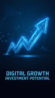 Digital growth investment potential concept with glowing blue polygonal arrow on dark tech background for business presentations and financial reports.