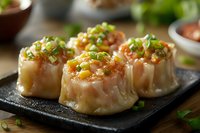 Steamed Asian dumplings with shrimp and vegetables garnished with green onions and sesame seeds served on black plate, close up view of traditional dim sum.
