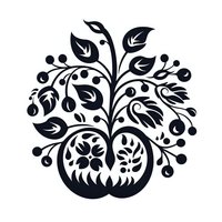 Decorative black silhouette of stylized folk art tree growing from apple base with ornamental leaves and berries. Isolated on white background for graphic design.
