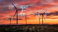 Wind turbines generating renewable energy at sunset with digital technology overlay and data visualization elements for sustainable power solutions.