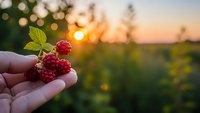Fresh red raspberries in hand during golden hour sunset with blurred natural background for healthy eating and organic farming concepts.