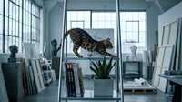 Bengal cat climbing a ladder shelf in a bright artist studio, surrounded by canvases, books, and a plant in a creative loft space.