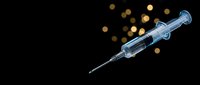 Medical syringe with needle on dark background with golden bokeh lights for healthcare and vaccination concepts.
