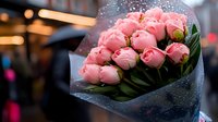 Pink peony bouquet wrapped in transparent cellophane with water droplets, romantic floral arrangement against blurred bokeh city lights background.