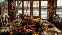 Festive holiday dinner table with roasted ham, elegant place settings, and seasonal decorations in cozy dining room with winter lake view.