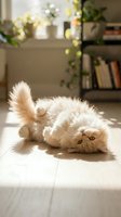 Fluffy cream-colored Persian cat lying playfully on light wooden floor in bright sunlit home interior with potted plants and bookshelf background.